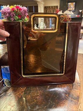 Rodo Burgundy Faux-Leather Mirror with Gold Trim